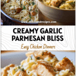 Bowl of creamy garlic parmesan chicken orzo with tender chicken pieces and cheesy small pasta.
